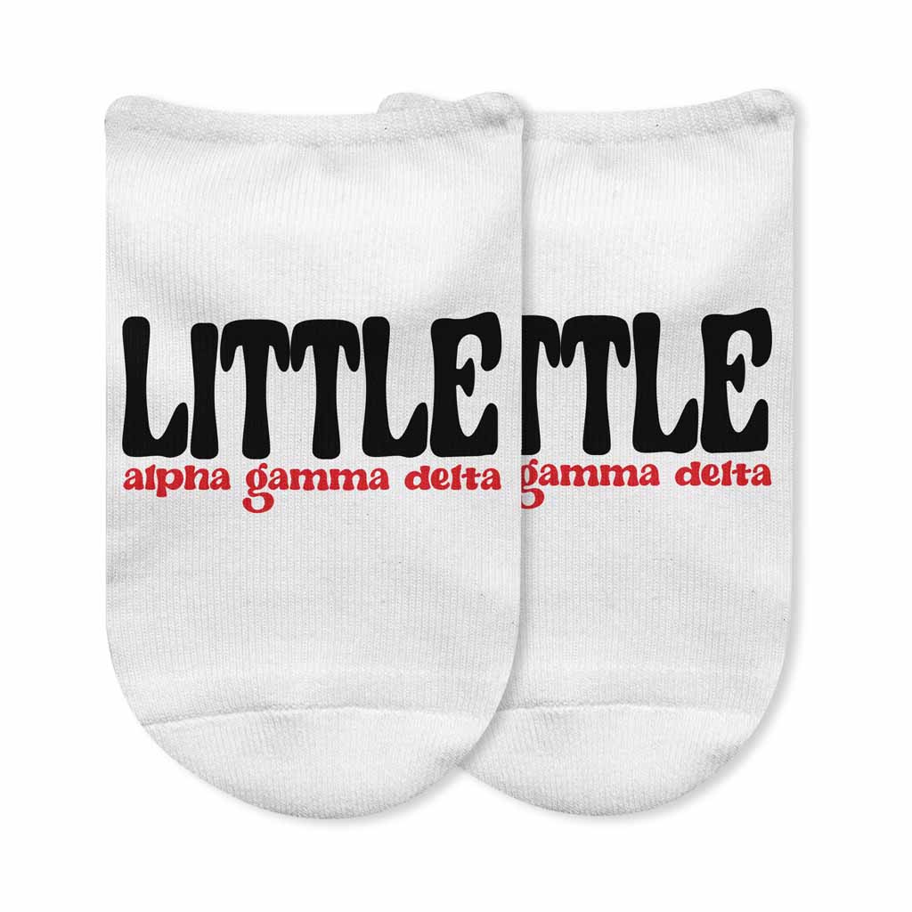 Alpha Gamma Delta sorority big and little design digitally printed on the top of white cotton no show socks.