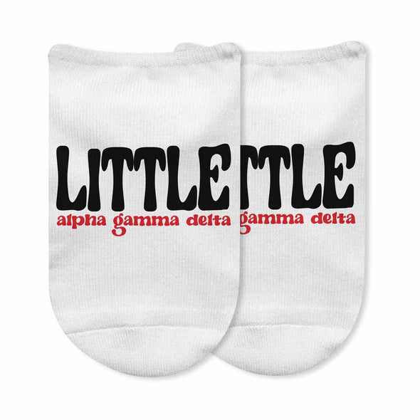 Alpha Gamma Delta sorority big and little design digitally printed on the top of white cotton no show socks.