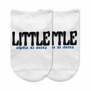 Fun Alpha Xi Delta sorority big or little design custom printed on comfy white cotton no show socks.