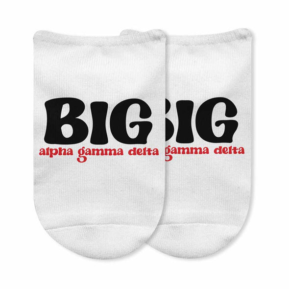 Alpha Gamma Delta sorority big and little design digitally printed on the top of white cotton no show socks.
