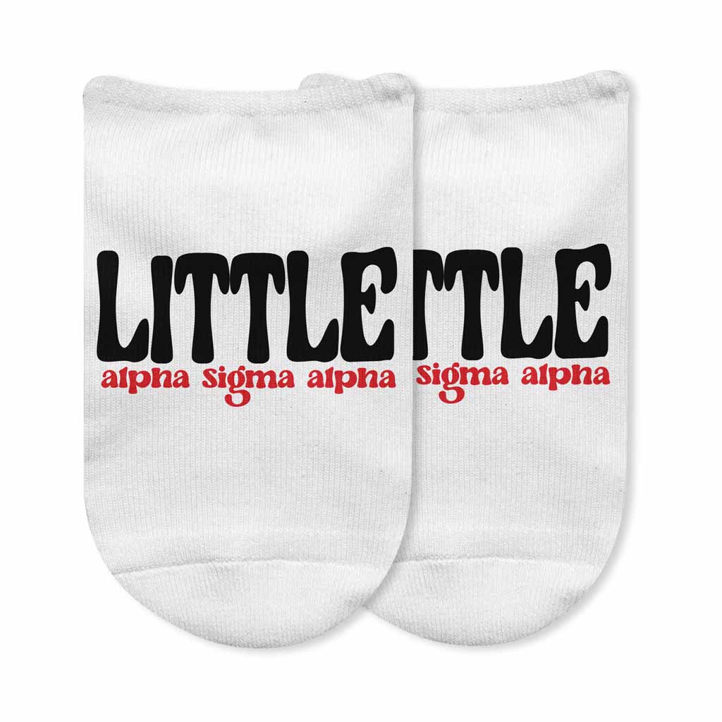 Little or big Alpha Sigma Alpha sorority design custom printed on the top of white cotton no show socks.