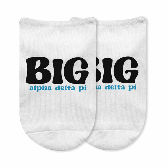 Fun Alpha Delta Pi sorority name big or little design custom printed on the top of white cotton no show socks.