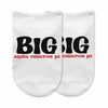 Fun Alpha Omicron Pi sorority name with big or little design digitally printed on the top of white cotton no show socks.