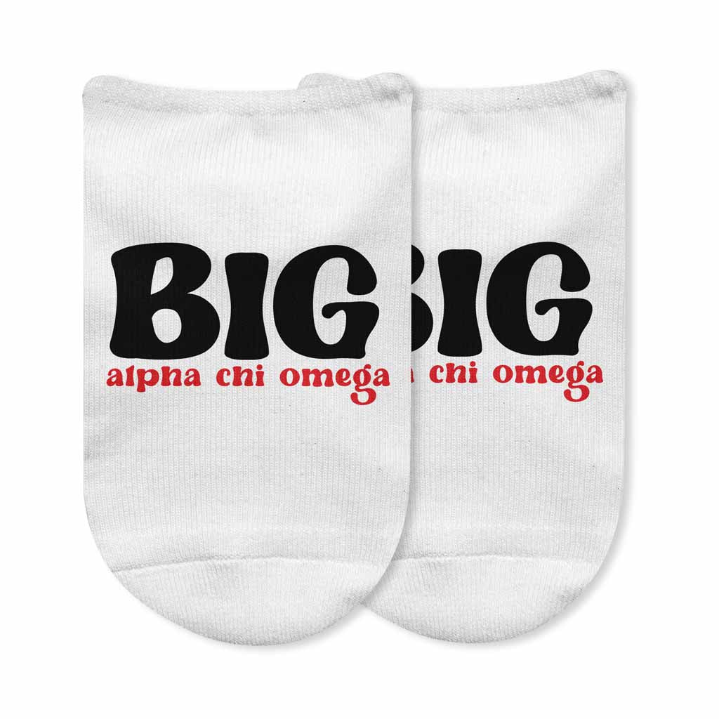 Fun Alpha Chi Omega no show socks custom printed for Bigs and Littles on white cotton no show socks.