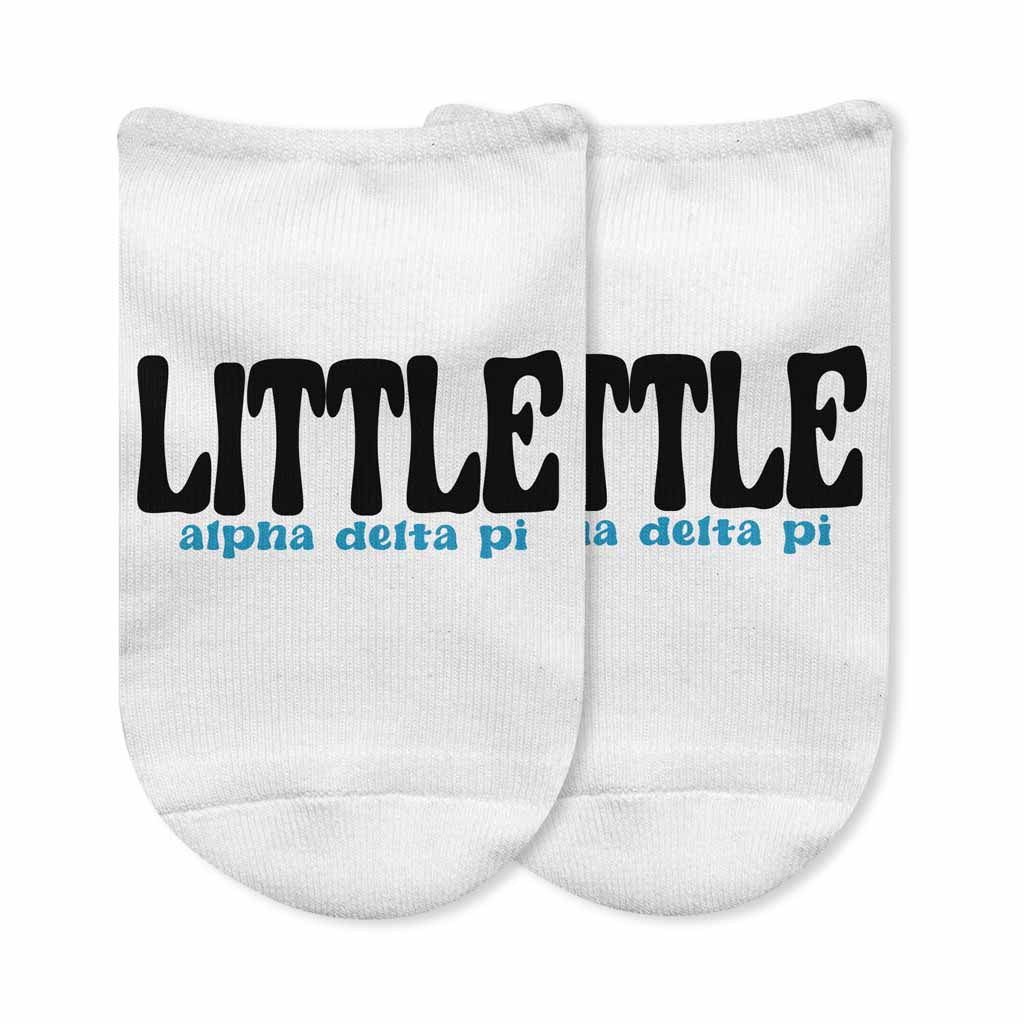 Fun Alpha Delta Pi sorority name big or little design custom printed on the top of white cotton no show socks.