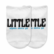 Fun Alpha Delta Pi sorority name big or little design custom printed on the top of white cotton no show socks.