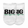 Alpha Sigma Tau sorority name digitally printed Big or Little design on the top of white cotton no show socks.