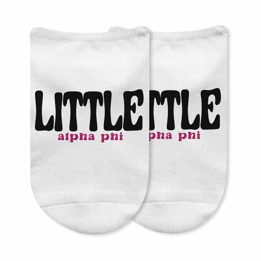 Alpha Phi sorority name and Big or Little digitally printed on white no show socks.