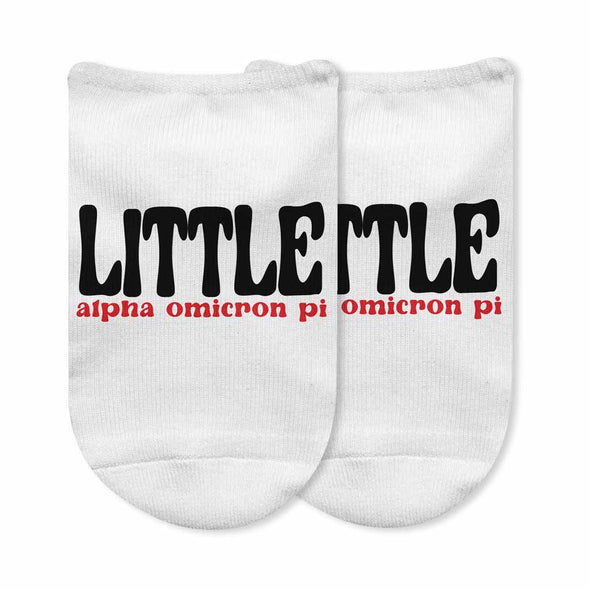 Fun sorority no show socks custom printed with LITTLE design and sorority name on top of the socks.