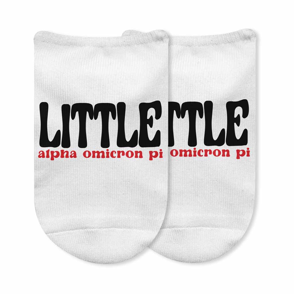 Fun Alpha Omicron Pi sorority name with big or little design digitally printed on the top of white cotton no show socks.