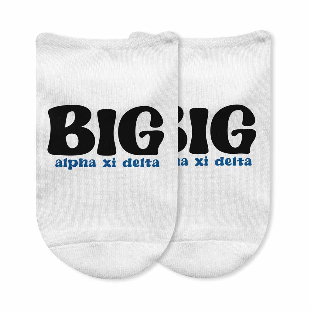 Fun Alpha Xi Delta sorority big or little design custom printed on comfy white cotton no show socks.