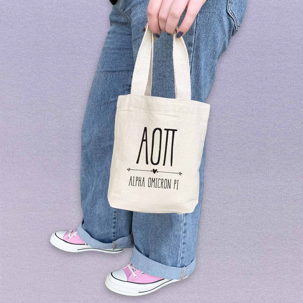 Alpha Omicron Pi sorority name boho design digitally printed on the perfect mini size natural canvas tote bag