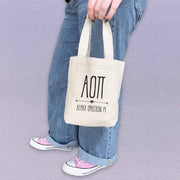 Alpha Omicron Pi sorority name boho design digitally printed on the perfect mini size natural canvas tote bag