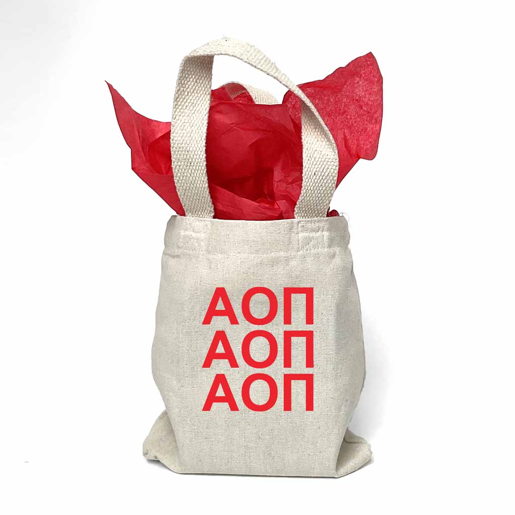 Sorority letters printed in sorority colors on mini natural canvas tote bag makes the perfect gift for your sorority sisters.