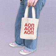 Alpha O sorority letters in sorority colors digitally printed on the perfect mini size natural canvas tote bag.