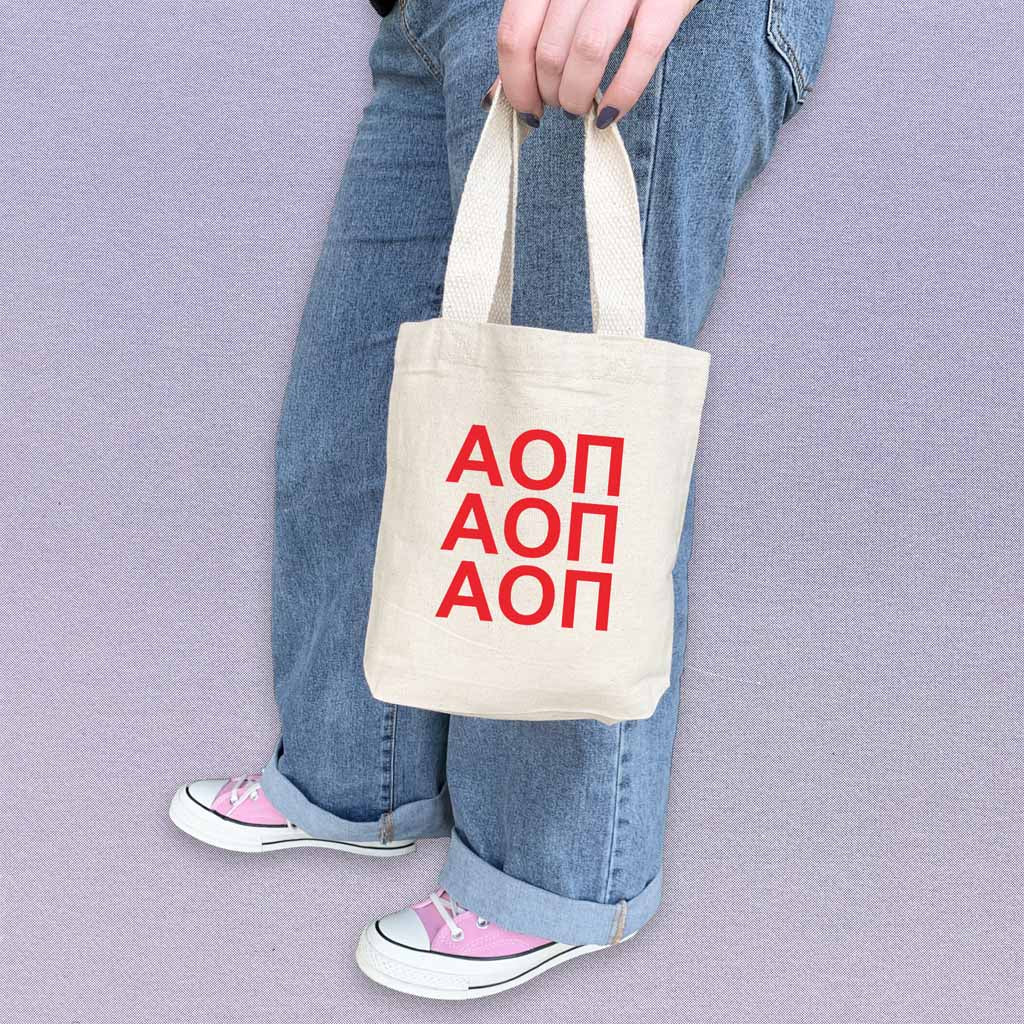 Alpha O sorority letters in sorority colors digitally printed on the perfect mini size natural canvas tote bag.