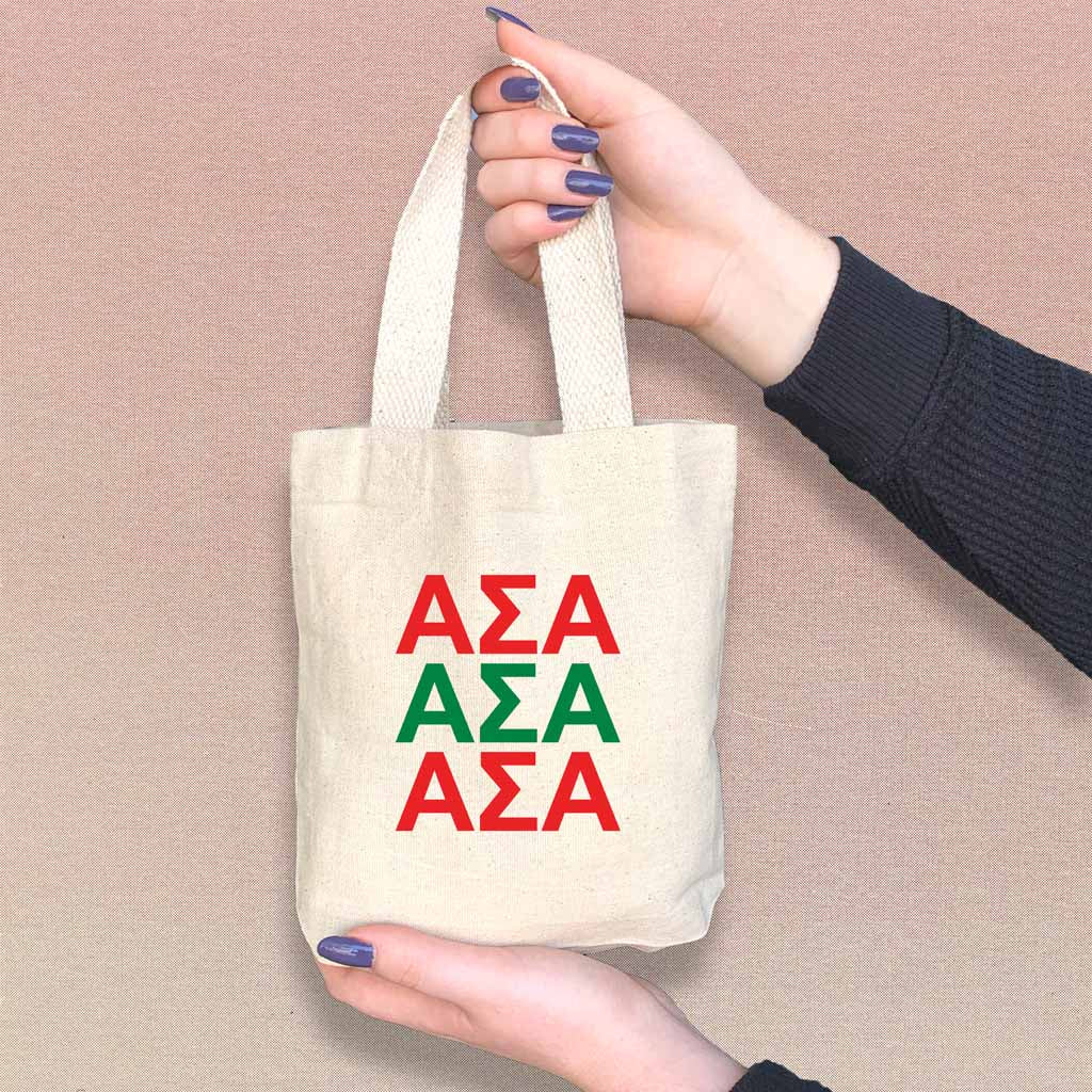 Alpha Sig sorority letters in sorority colors digitally printed on the perfect mini size natural canvas tote bag.