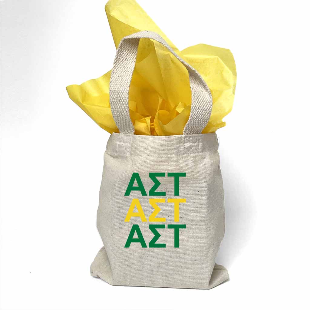 Sorority greek letters printed in sorority colors on natural canvas mini tote gift bag.