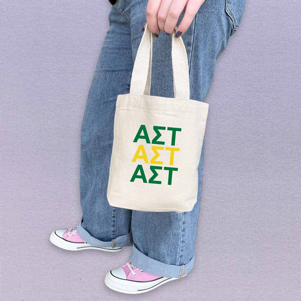 Alpha Sigma Tau sorority letters in sorority colors digitally printed on the perfect mini size natural canvas tote bag.