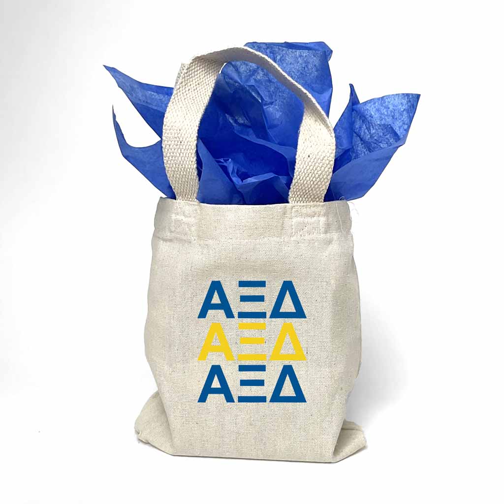 Sorority greek letters printed in sorority colors on natural canvas mini tote gift bag.