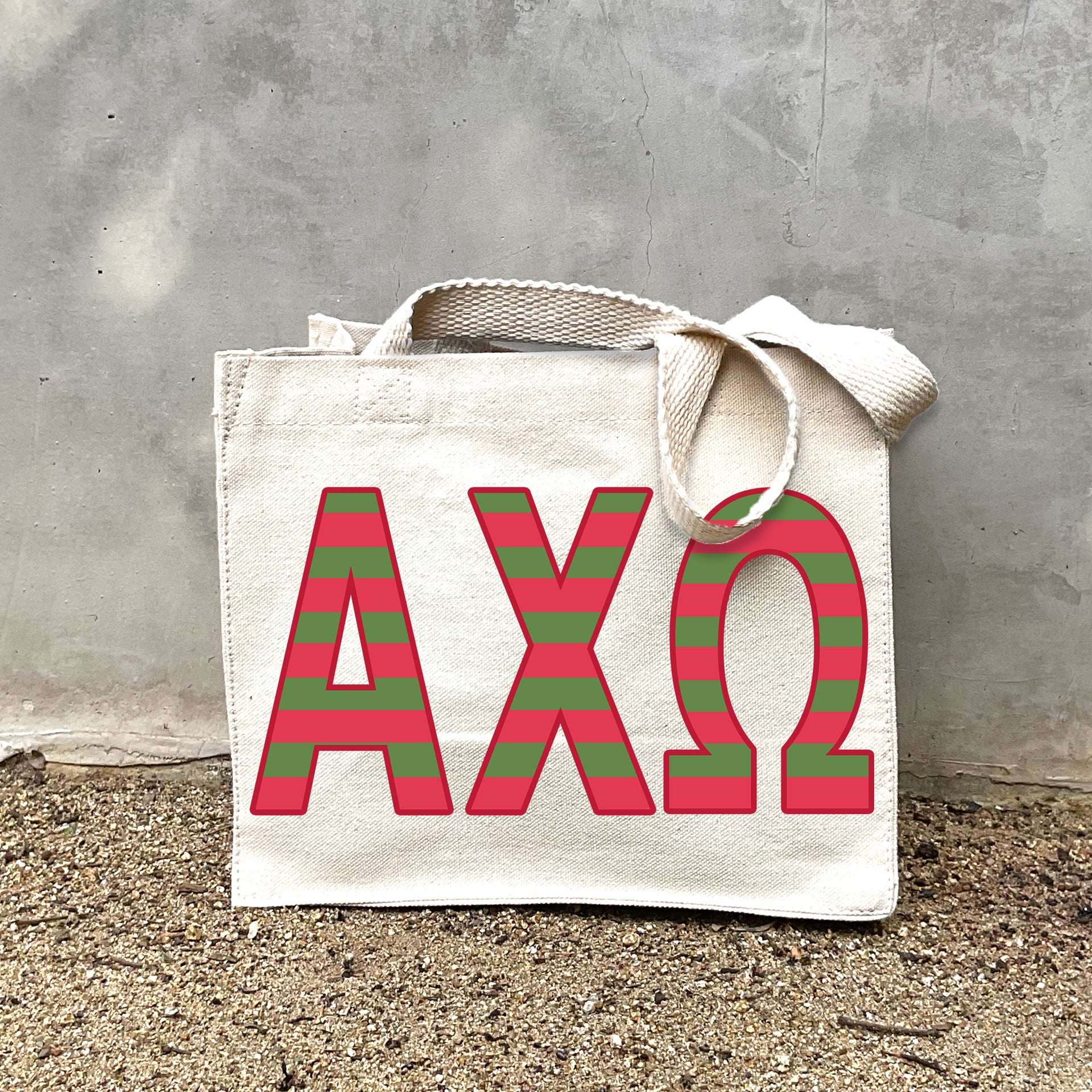 AXO Sorority Stripe In Sorority striped letters on a small canvas tote bag