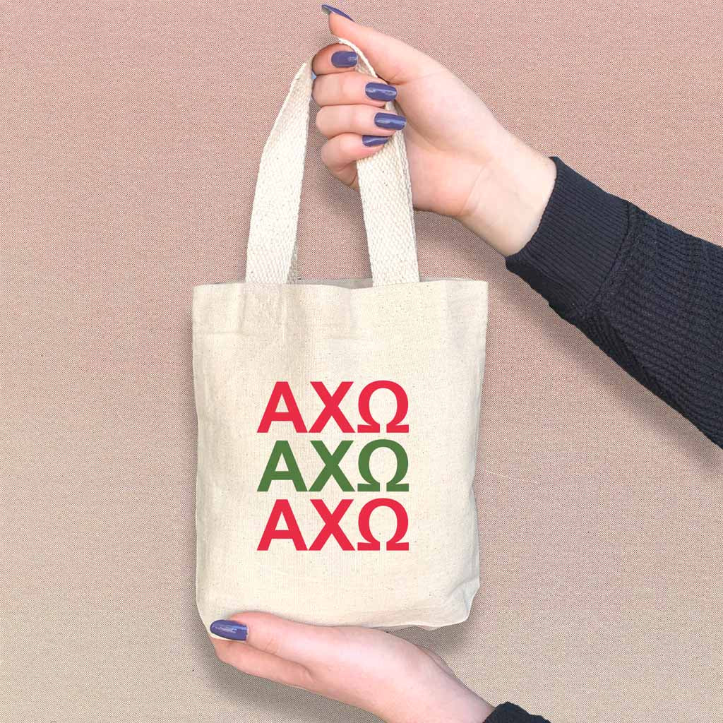 AXO sorority letters in sorority colors digitally printed on the perfect mini size natural canvas tote bag.
