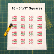 Sample image of 3 inch by 3 inch Chi Omega Greek letters design fabric panel