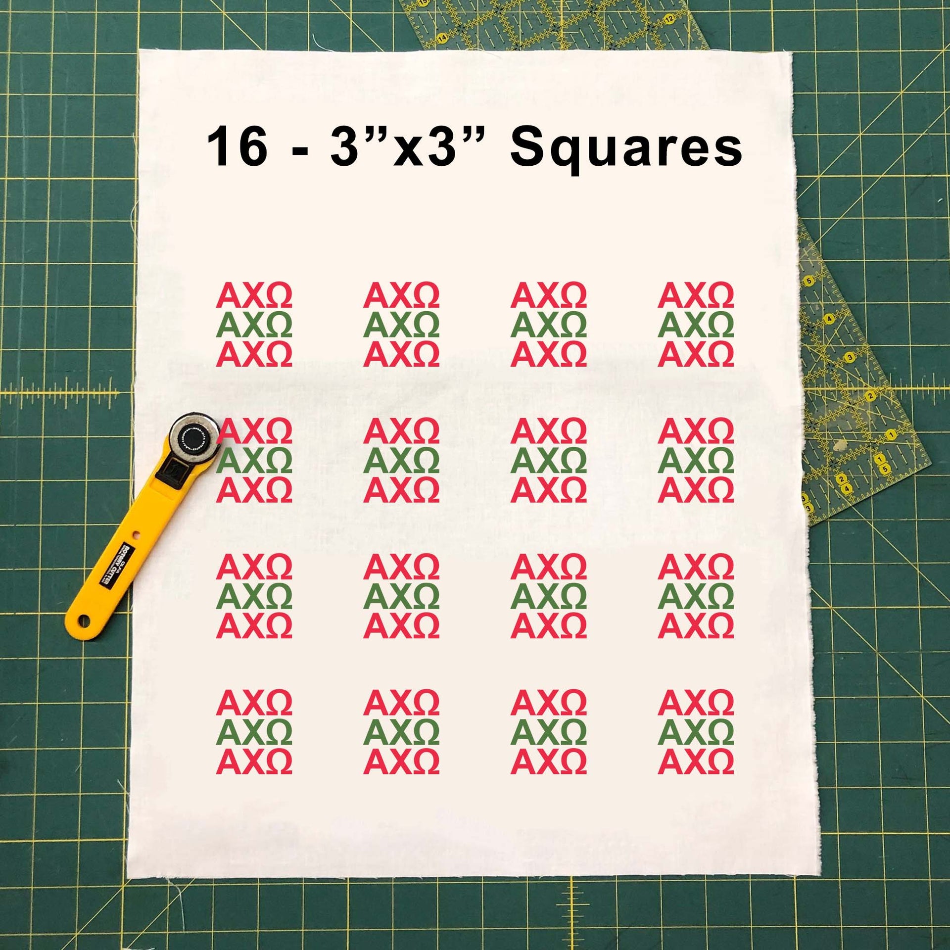 Sample image of 3 inch by 3 inch Chi Omega Greek letters design fabric panel