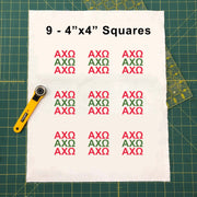 Sample image of 4 inch by 4 inch Chi Omega Greek letters design fabric panel