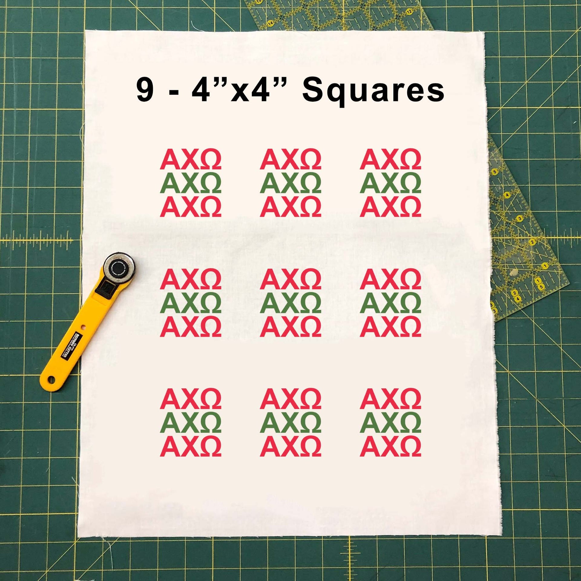 Sample image of 4 inch by 4 inch Chi Omega Greek letters design fabric panel