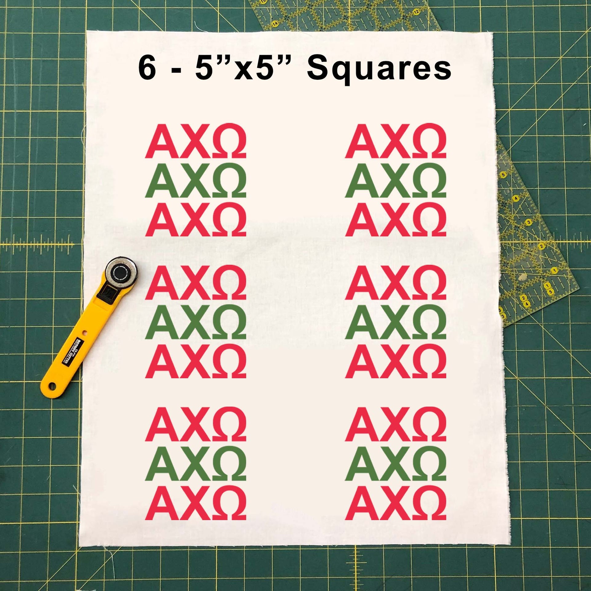Sample image of 5 inch by 5 inch Chi Omega Greek letters design fabric panel