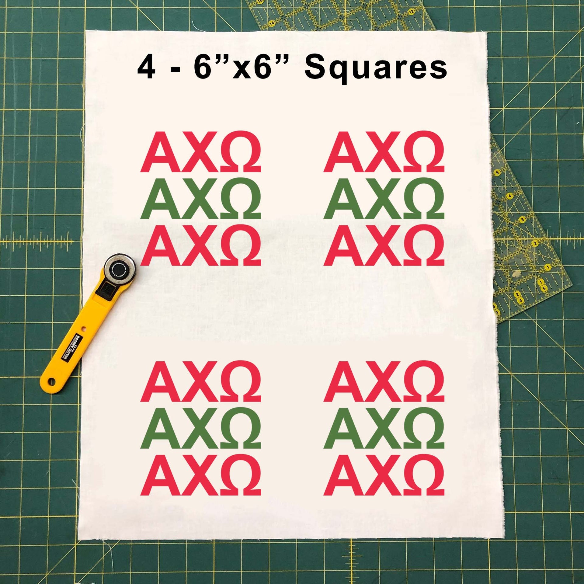 Sample image of 6 inch by 6 inch Chi Omega Greek letters design fabric panel