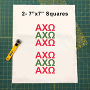 Sample image of 7 inch by 7 inch Chi Omega Greek letters design fabric panel