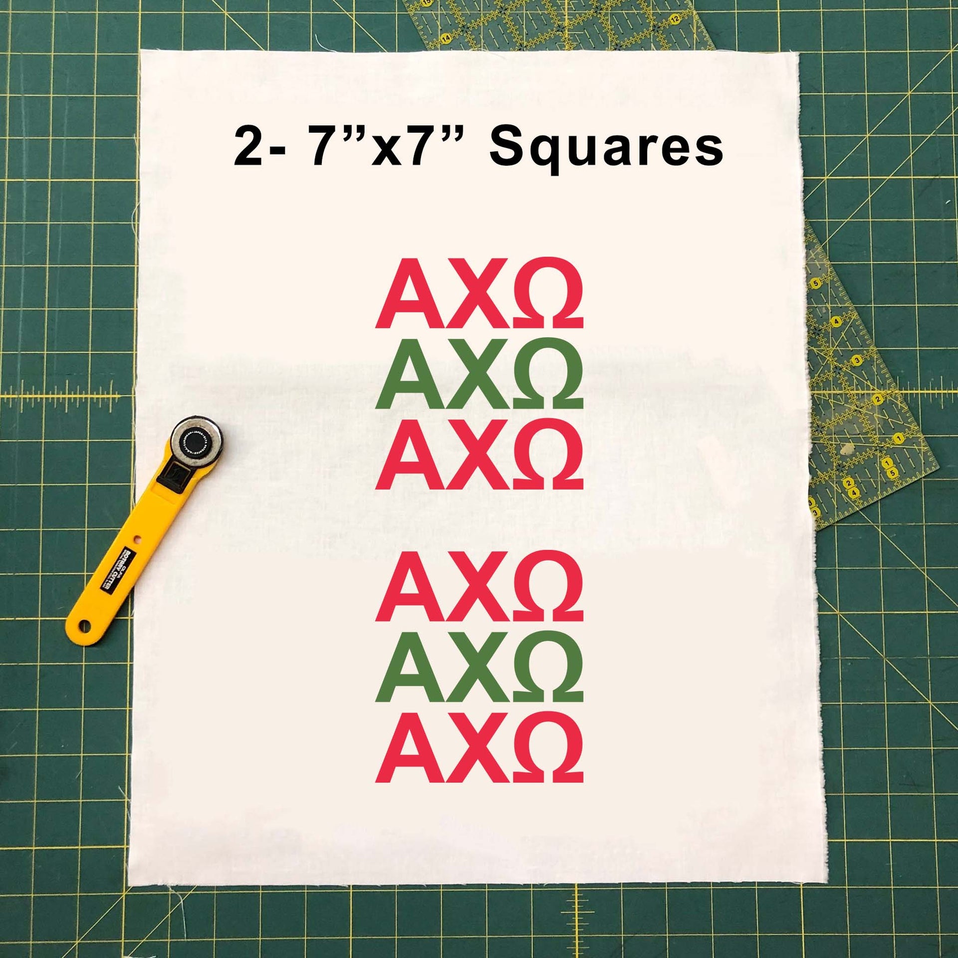 Sample image of 7 inch by 7 inch Chi Omega Greek letters design fabric panel