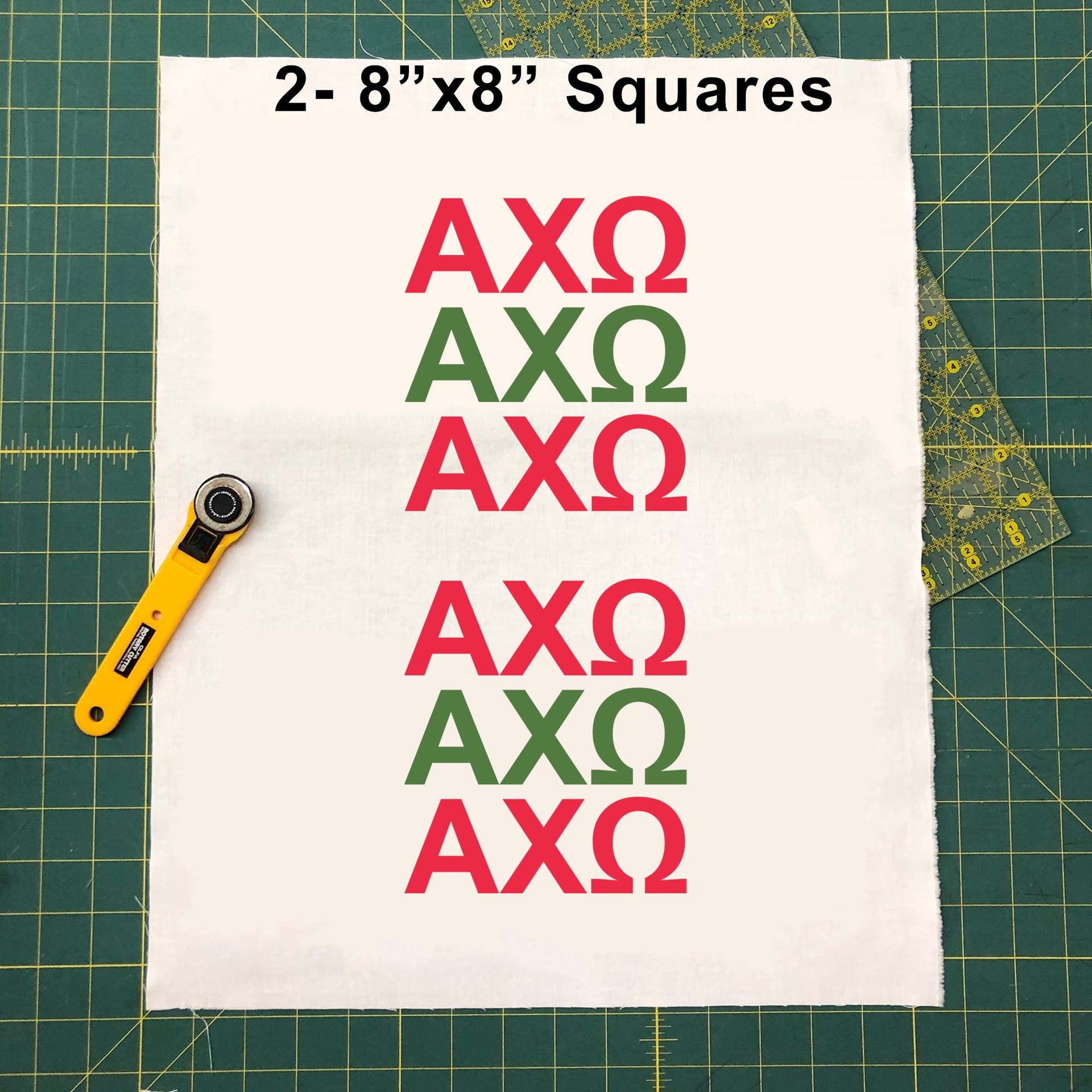 Sample image of 8 inch by 8 inch Chi Omega Greek letters design fabric panel