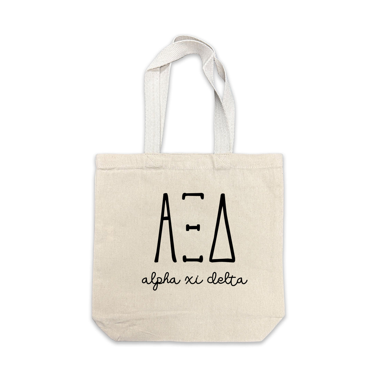 Alpha Xi Delta small canvas tote bag featuring striped Alpha Xi Delta Greek letters on a white background