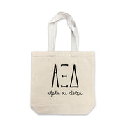 Alpha Xi Delta small canvas tote bag featuring striped Alpha Xi Delta Greek letters on a white background