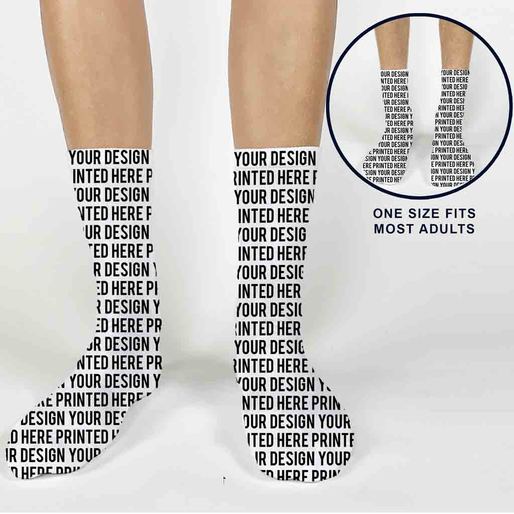 Custom printed socks designed for personalization all over the socks.