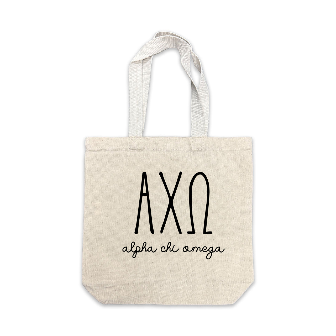 Alpha Chi Omega small canvas tote bag featuring striped Alpha Chi Omega Greek letters on a white background