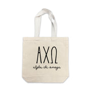 Alpha Chi Omega small canvas tote bag featuring striped Alpha Chi Omega Greek letters on a white background