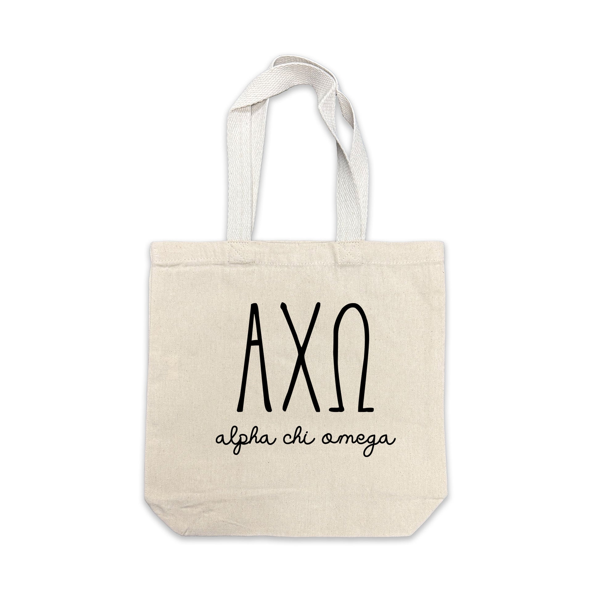 Alpha Chi Omega small canvas tote bag featuring striped Alpha Chi Omega Greek letters on a white background