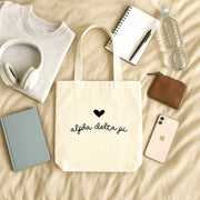 Alpha Delta Pi heart design and Greek letters printed on a canvas tote bag