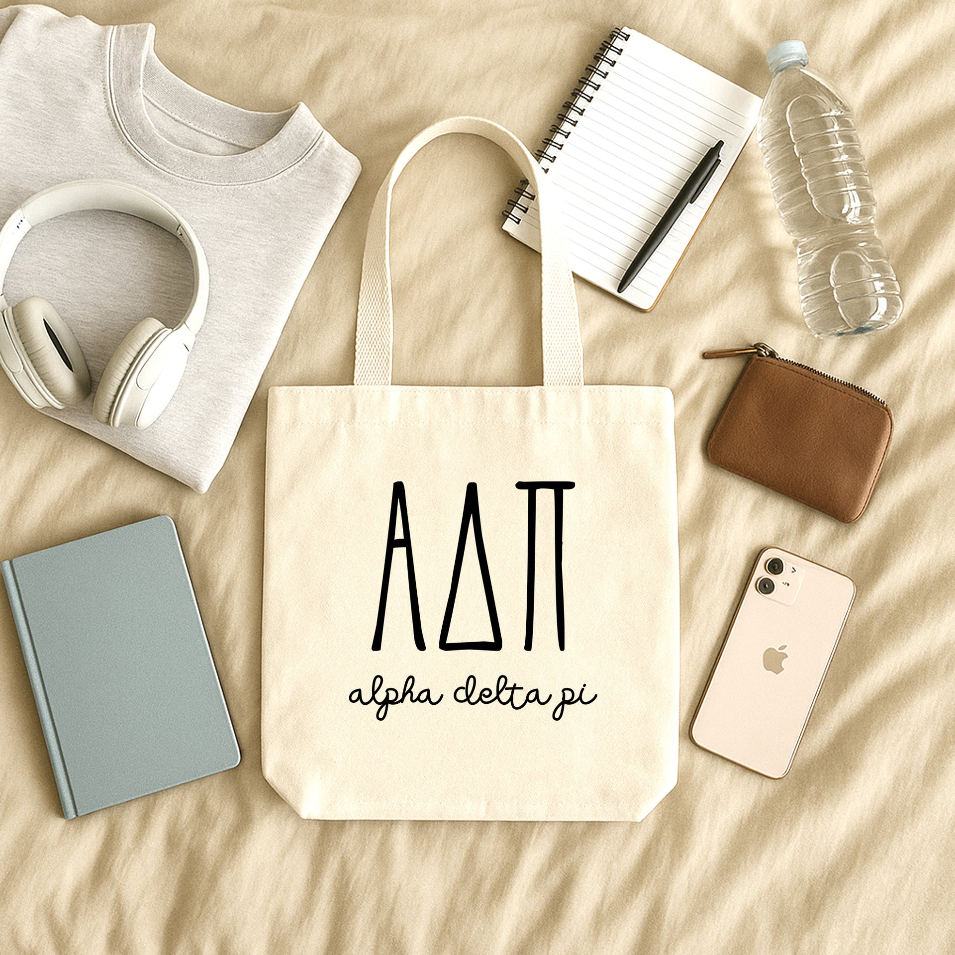 Alpha Delta Pi small canvas tote bag with striped Greek letters styled in a flat lay with everyday essentials