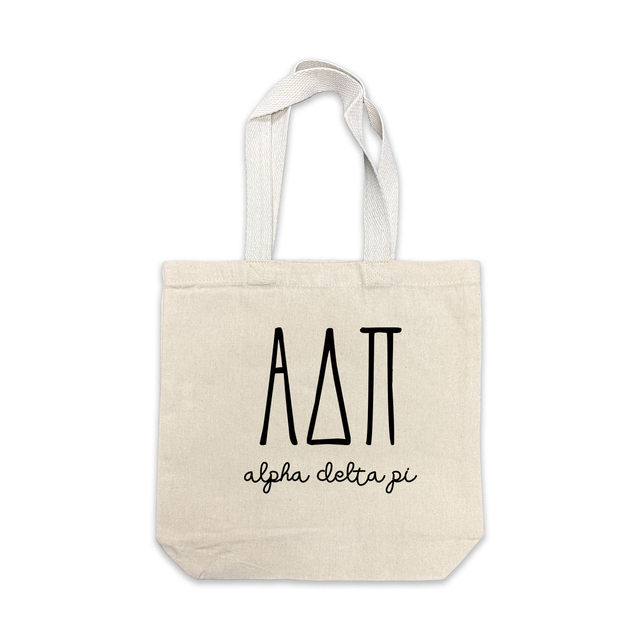 Alpha Delta Pi small canvas tote bag featuring striped Alpha Delta Pi Greek letters on a white background