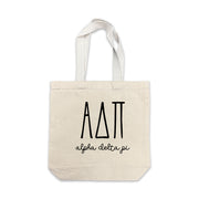 Alpha Delta Pi small canvas tote bag featuring striped Alpha Delta Pi Greek letters on a white background