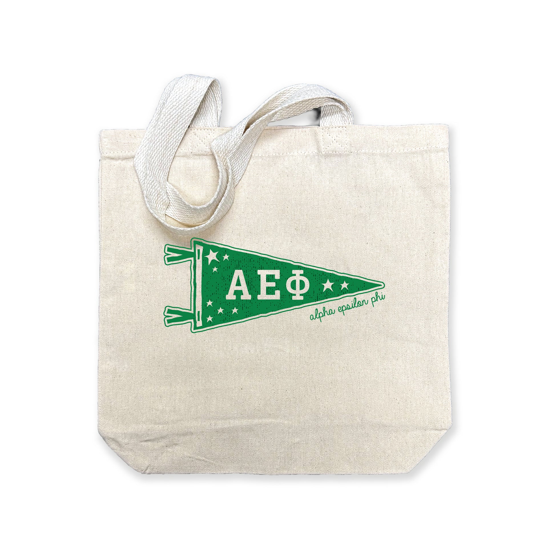 Alpha Epsilon Phi collegiate pennant medium size canvas tote bag featuring AEPhi Greek letters on a white background