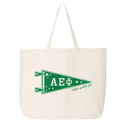 Alpha Epsilon Phi collegiate pennant large canvas tote bag featuring AEPhi Greek letters on a white background
