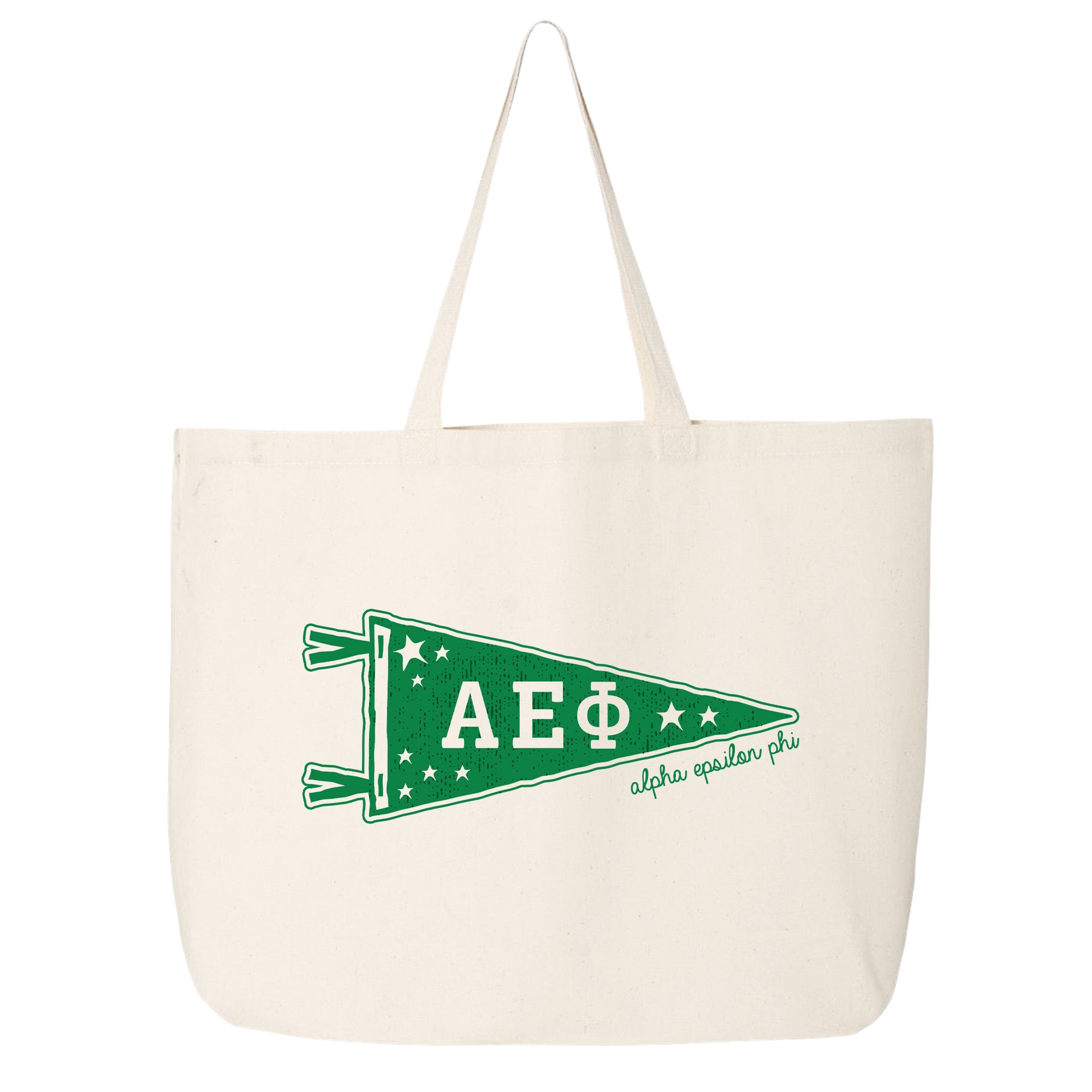 Alpha Epsilon Phi collegiate pennant large canvas tote bag featuring AEPhi Greek letters on a white background