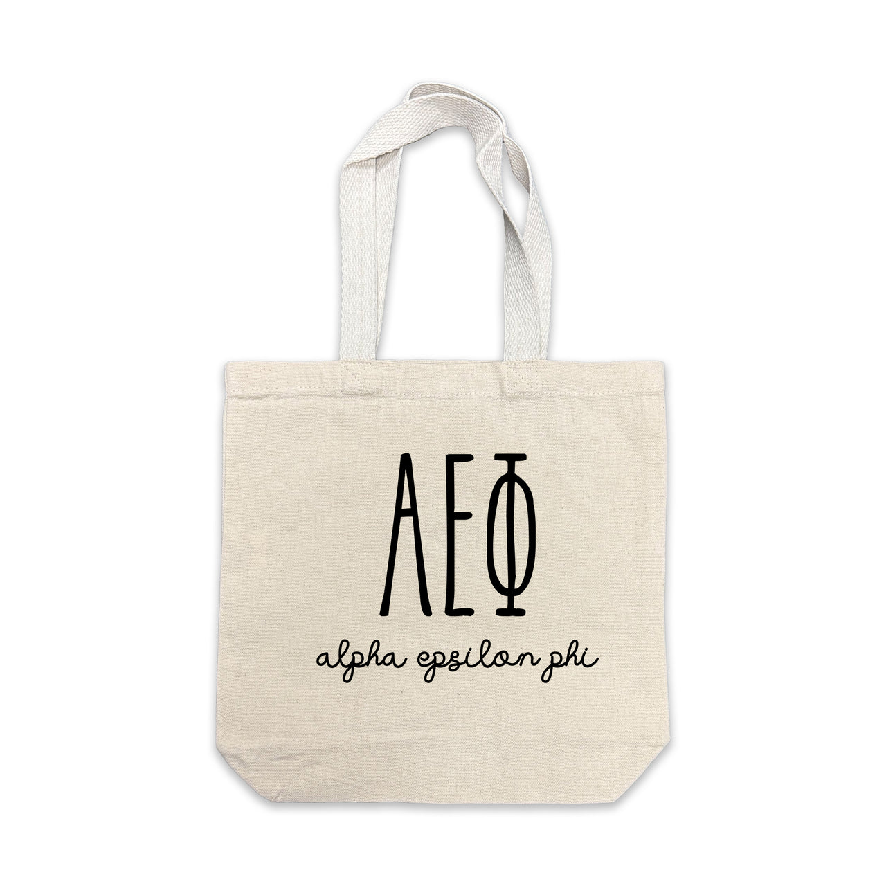 Alpha Epsilon Phi small canvas tote bag featuring striped Alpha Epsilon Phi Greek letters on a white background