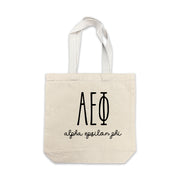 Alpha Epsilon Phi small canvas tote bag featuring striped Alpha Epsilon Phi Greek letters on a white background